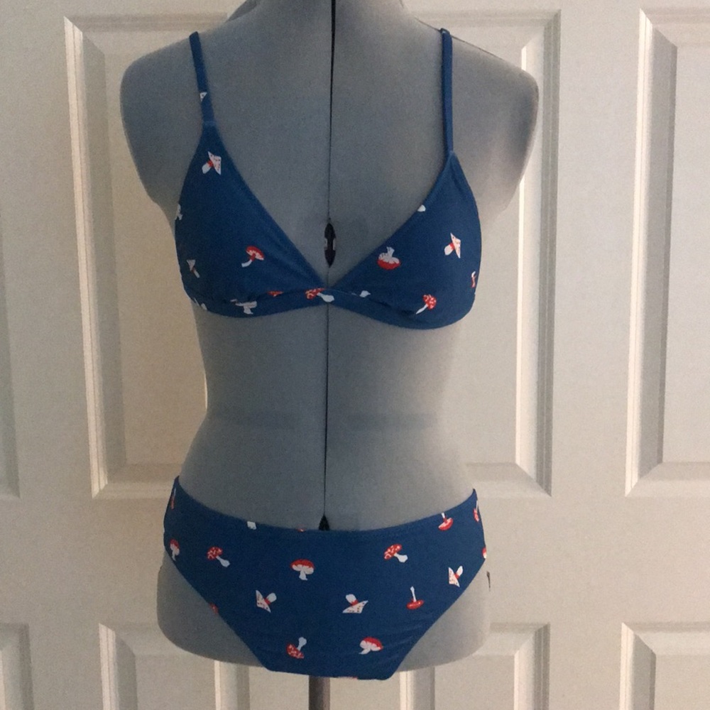 New Cider Mushroom Print Bikini Two Piece Swimsuit Blue S Top M Bottom